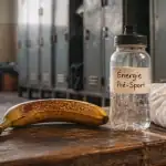manger une banane avant le sport sur un banc de vestiaire