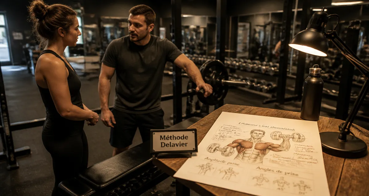 methode de musculation delavier en salle de sport, schémas anatomiques sur une table