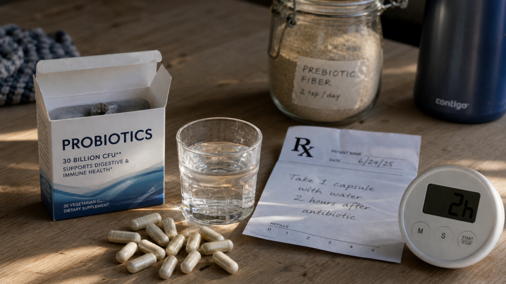 Probiotique apres antibio : boîtes et capsules, minuteur 2h, restauration flore intestinale