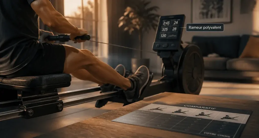 Rameur, appareil de sport qui fait travailler tout le corps.}