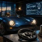 Sports EV : sportive électrique néo-rétro en atelier, levier virtuel