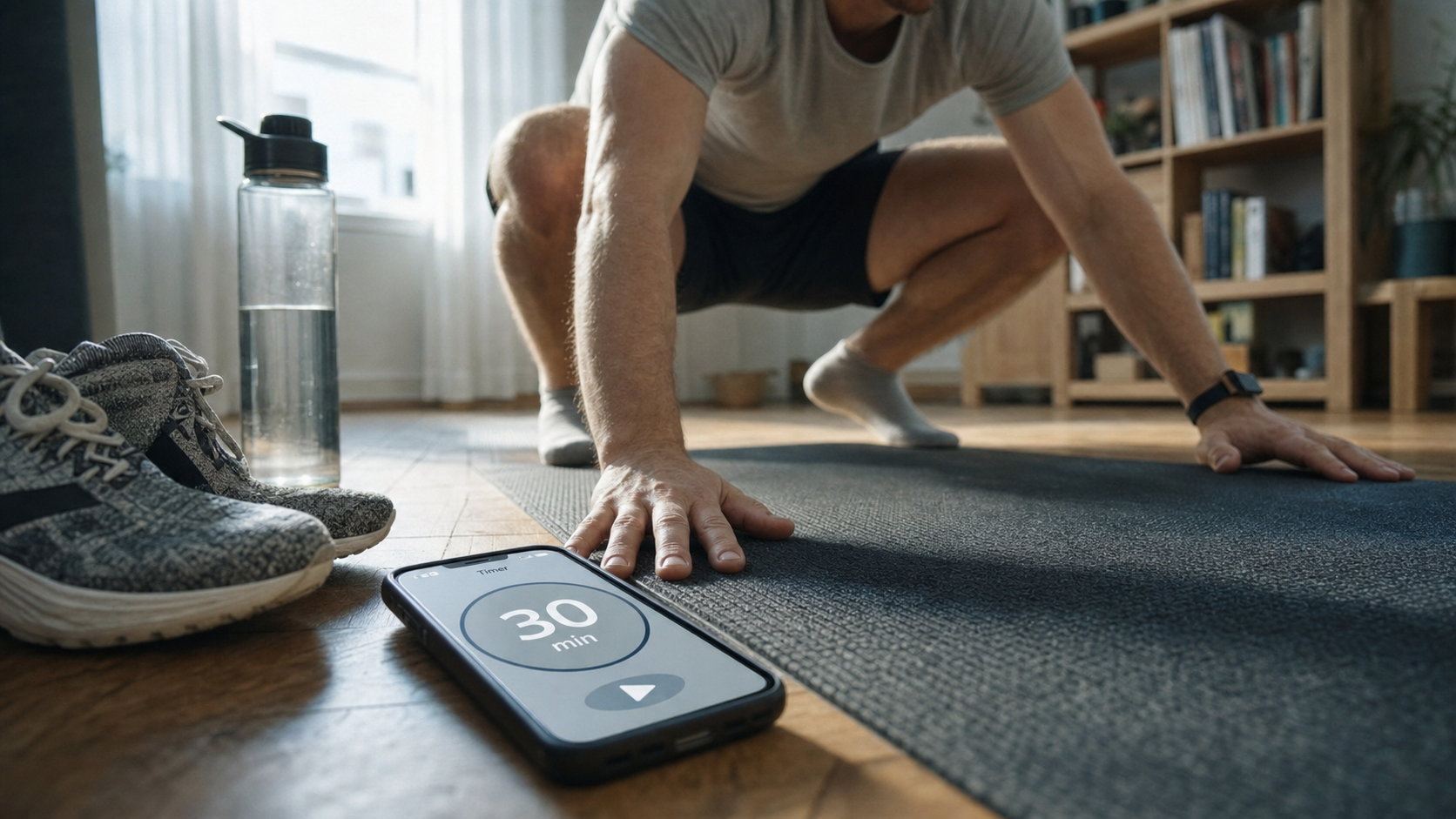 30 min de sport par jour : tapis, baskets et minuteur sur smartphone