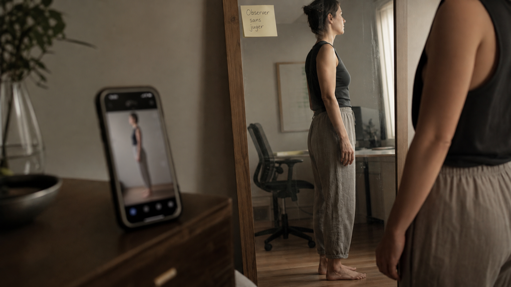 Personne devant miroir pour améliorer sa posture au quotidien, gainage 30 secondes