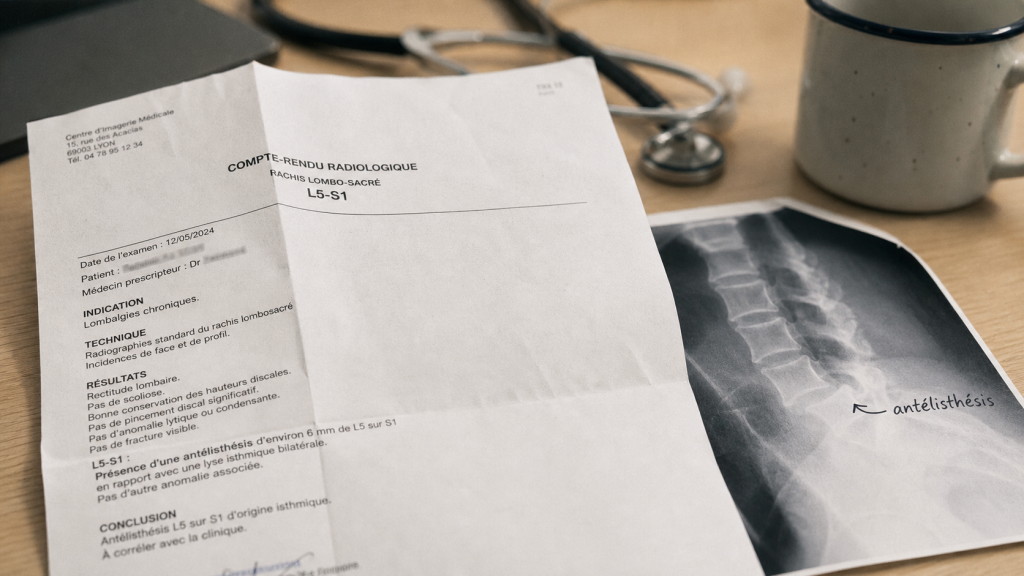 Antélisthésis de l5 sur s1, radiographie et annotation médicale