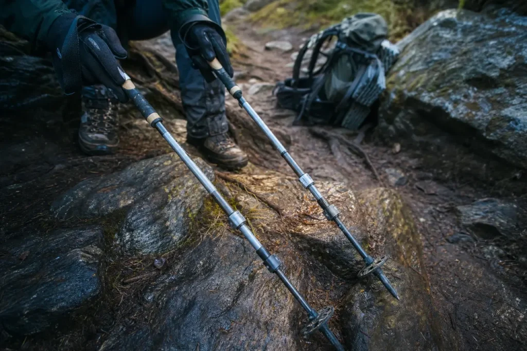 Baton de randonnee aluminium et carbone sur sentier humide, terrain montagne