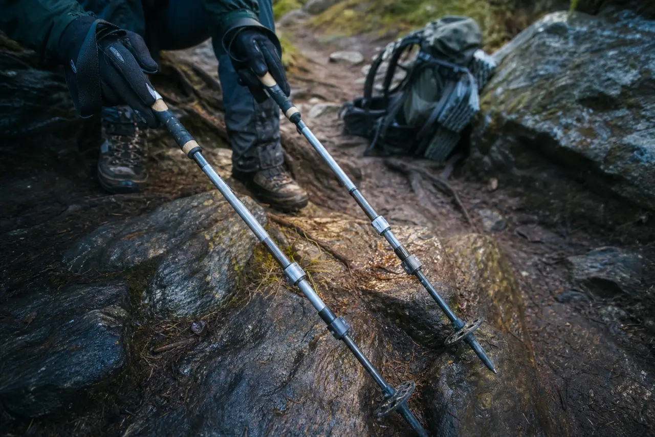 Baton de randonnee aluminium et carbone sur sentier humide, terrain montagne