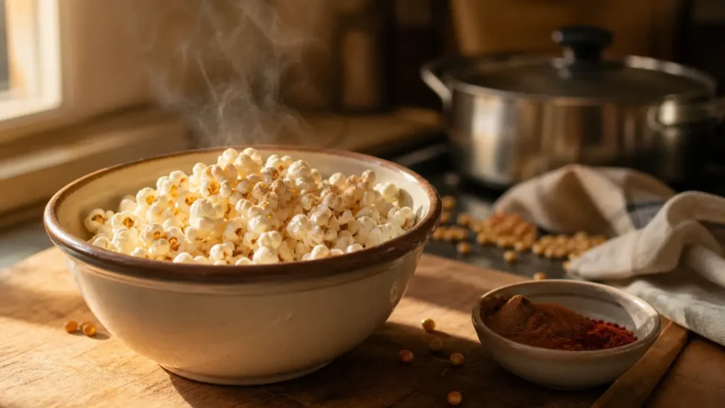 Calories 100g pop corn nature, bol de pop-corn nature sur planche bois