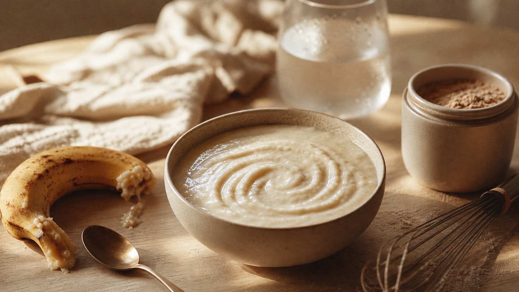 Crème de riz nutrimuscle 1,7 kg : bol de crème, banane et cuillère