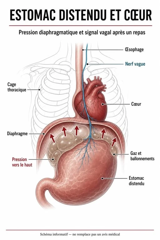 Schéma des palpitations cardiaques et estomac montrant le diaphragme, les gaz, le nerf vague et le cœur