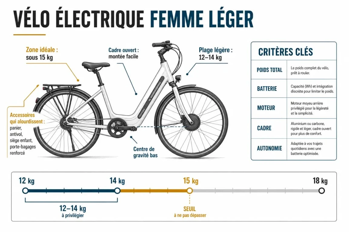 Vélo électrique femme léger : illustration des critères de poids, cadre ouvert et maniabilité
