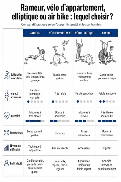 Rameur velo : infographie comparative entre rameur, vélo d’appartement, vélo elliptique et air bike