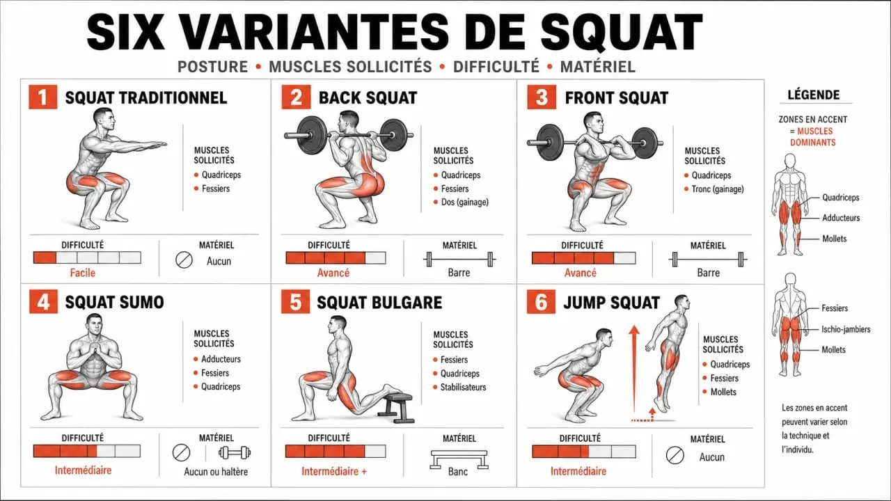 Infographie comparative sur les different type de squat, leurs muscles ciblés et leur niveau de difficulté