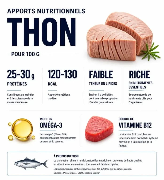 Infographie des valeurs nutritionnelles et protéines du thon pour 100g