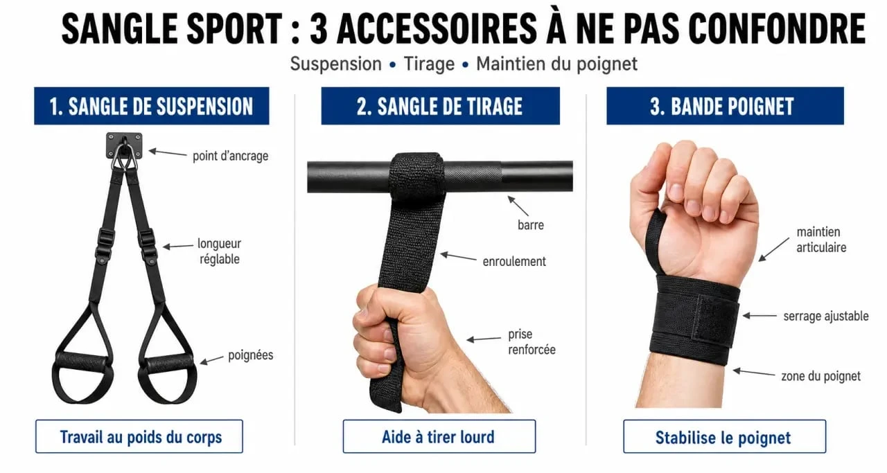 Sangle sport : comparaison visuelle entre sangle de suspension, sangle de tirage et bande poignet