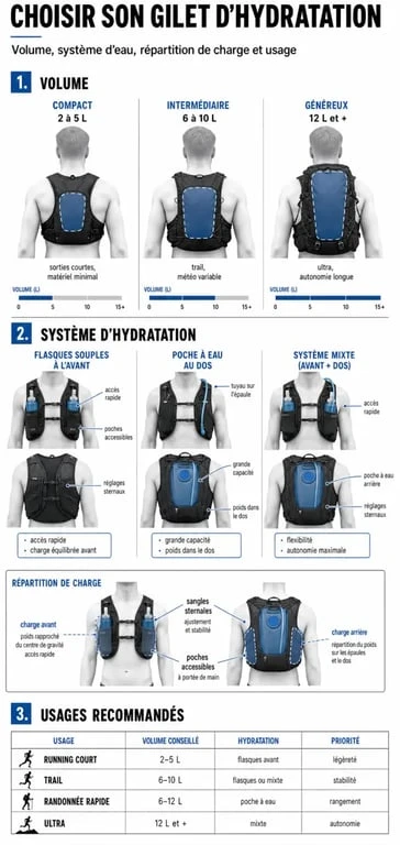 Infographie comparative gilet hydratation : volumes, flasques souples, poche à eau et usages recommandés