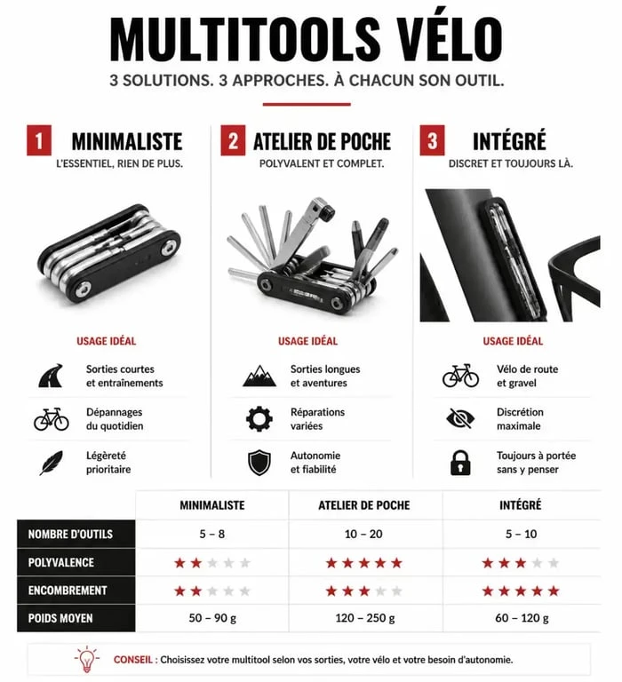 Infographie comparative des différents types de multitool vélo pour choisir le modèle adapté à sa pratique