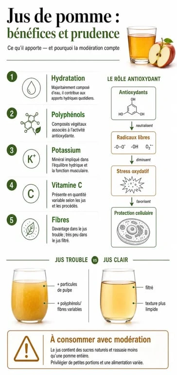 Infographie sur les bienfaits du jus de pomme, ses antioxydants, son hydratation et les précautions sur le sucre