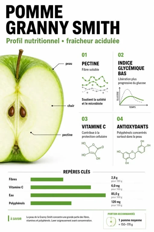 Infographie des bienfaits santé de la pomme verte Granny Smith : pectine, glycémie et antioxydants