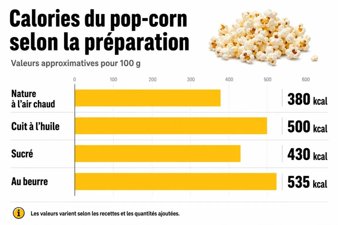 Comparaison des calories pour 100g de pop-corn nature, sucré et au beurre