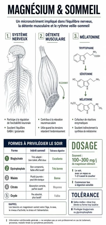 Magnésium et sommeil : infographie sur les formes à privilégier, le dosage et les effets sur la détente nerveuse