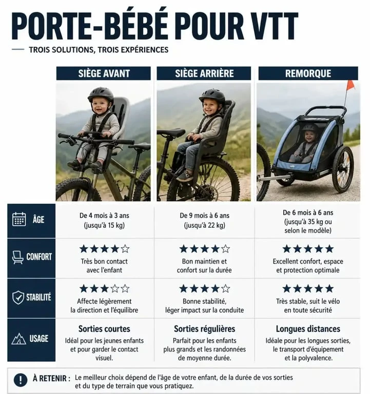 Comparatif des solutions de porte-bébé pour VTT : siège avant, arrière et remorque