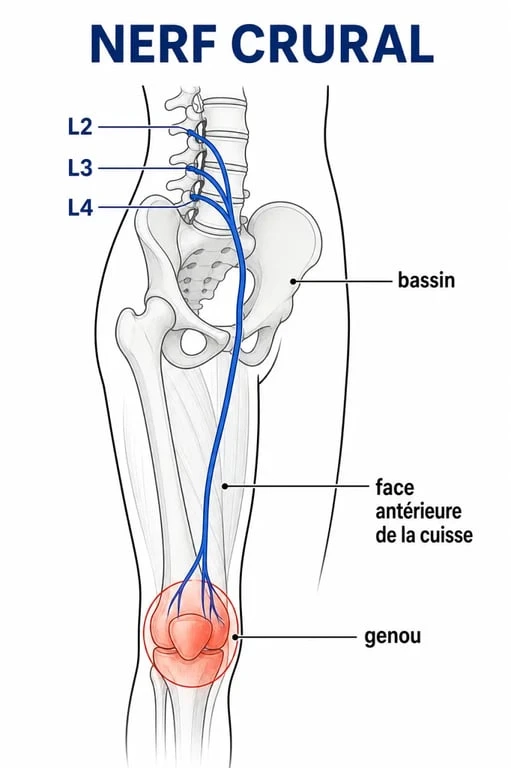 Schéma du nerf crural expliquant une cruralgie douleur genou sur l’avant de la cuisse
