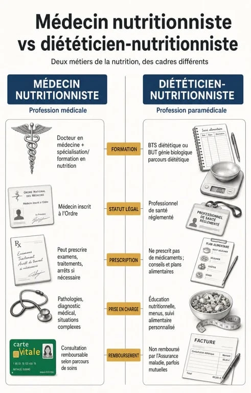 Différence dieteticien nutritionniste : tableau comparatif entre médecin nutritionniste et diététicien-nutritionniste