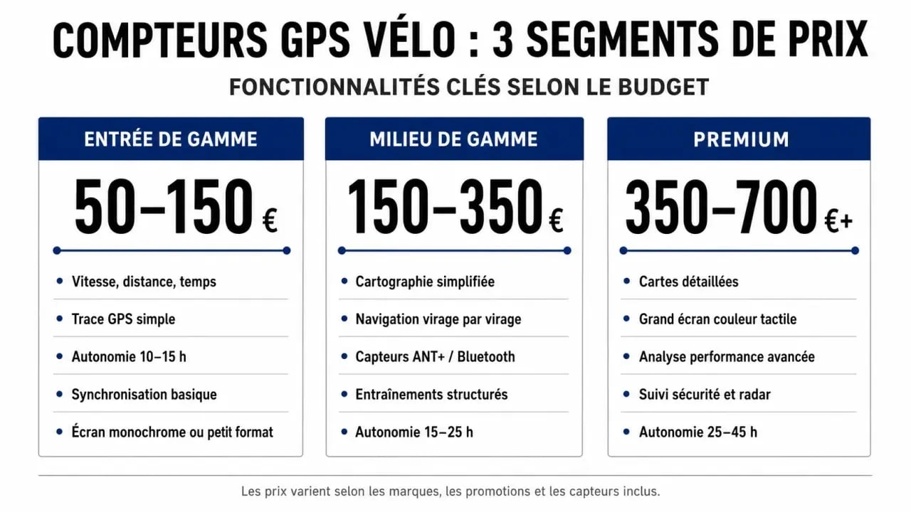 Infographie comparative des budgets et fonctionnalités pour choisir le meilleur GPS vélo