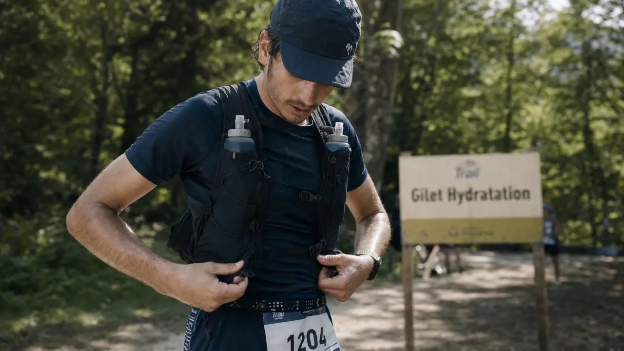 Gilet hydratation avec flasques et maintien en course sur sentier trail