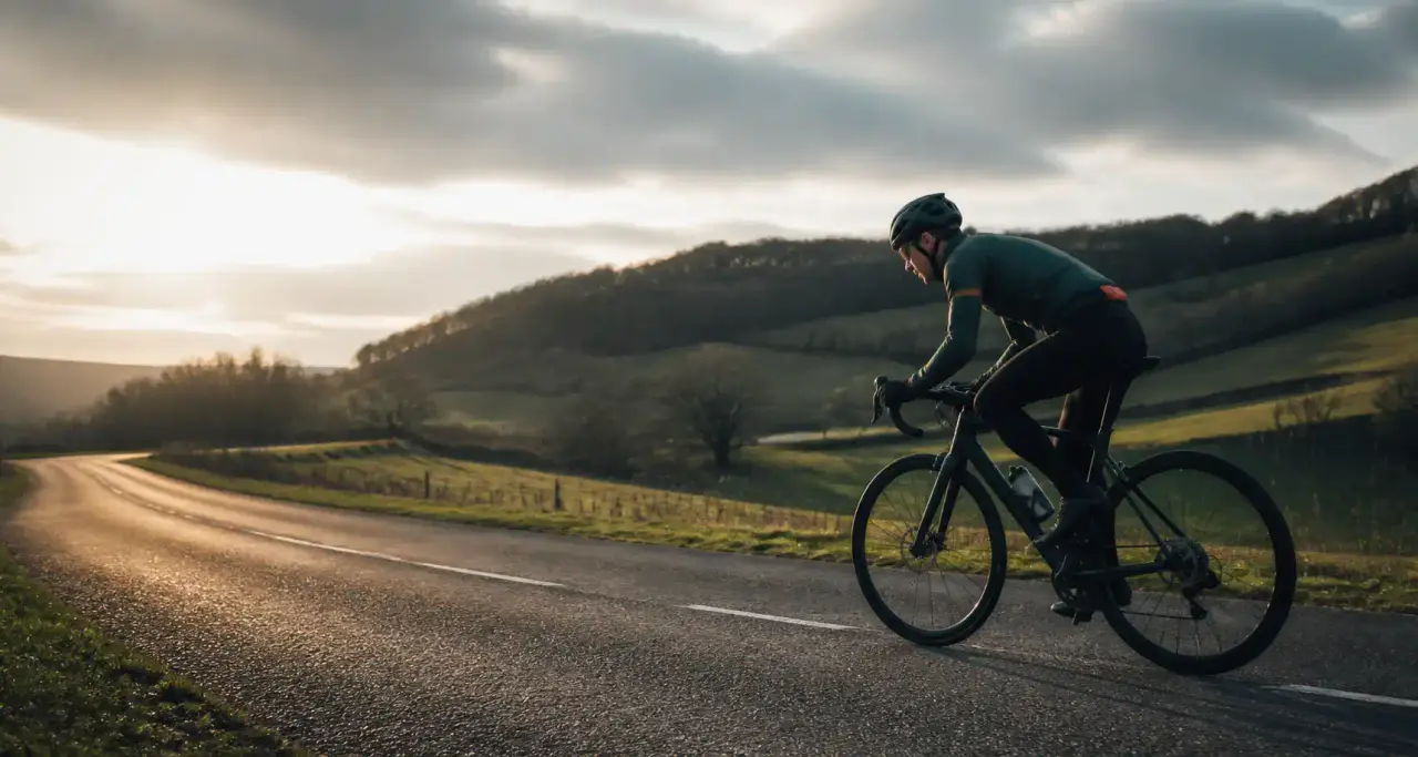 Cycliste en position d'entraînement sur une route de campagne