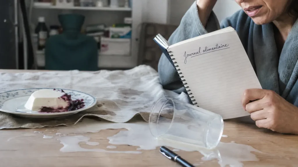 Intolérance au lactose symptome : lait et dessert sur table, carnet alimentaire
