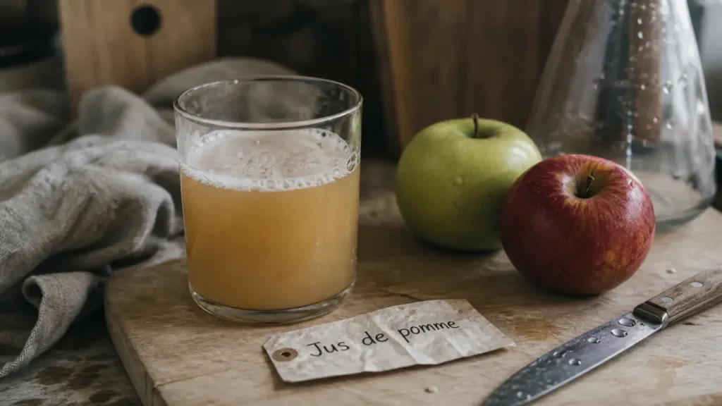 Jus de pommes bienfaits : verre de jus de pomme, pulpe et pommes