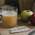 Jus de pommes bienfaits : verre de jus de pomme, pulpe et pommes