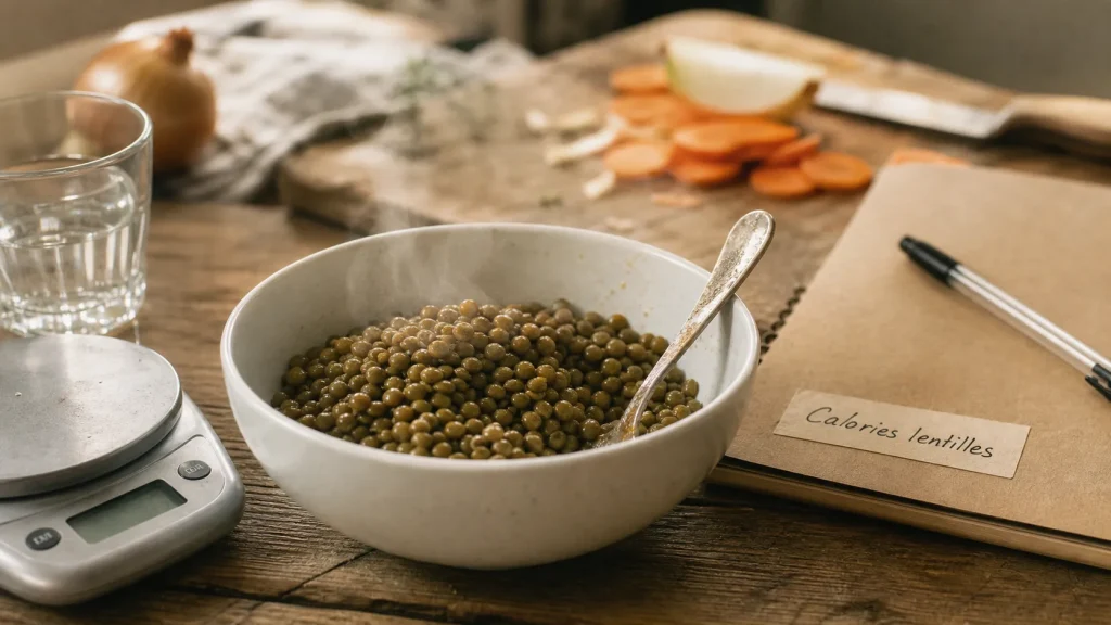 Lentilles calorique : 127 kcal aux 100 g, bol de lentilles vertes