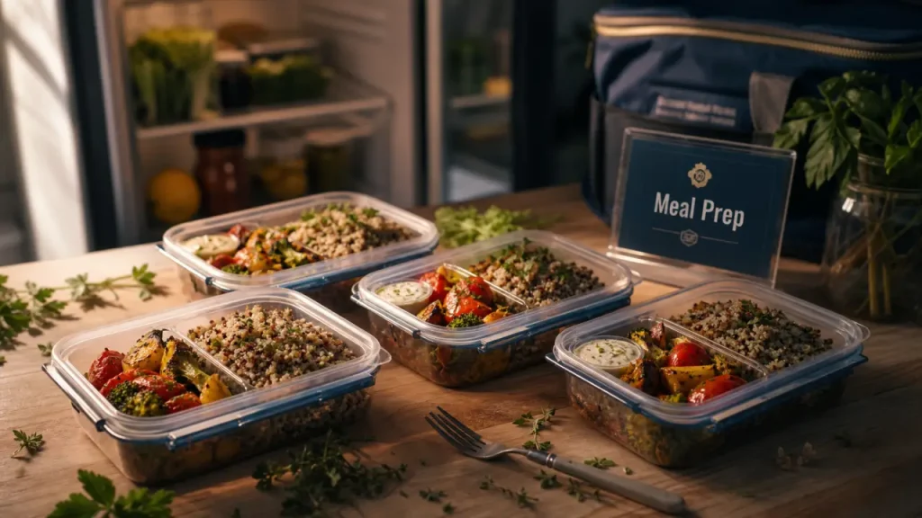 Meal prep sportif : boîtes hermétiques avec riz, poulet et légumes
