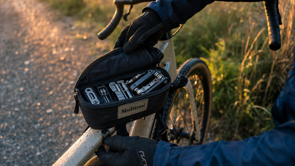 Multitool velo sur sacoche vélo gravel : dérive-chaîne et démonte-pneu