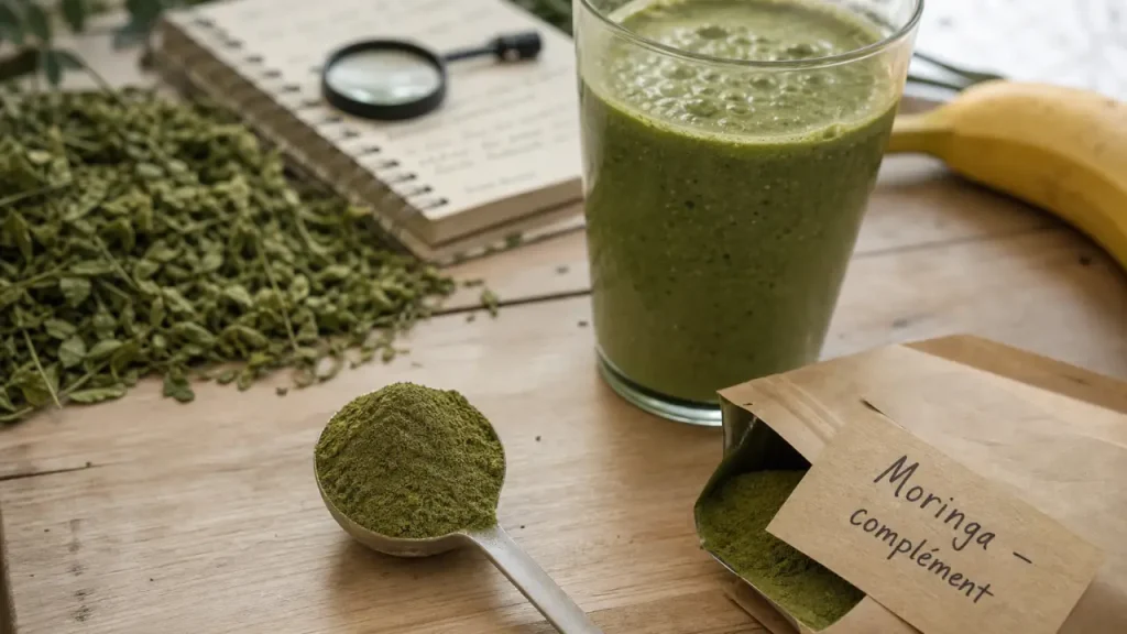 Poudre de moringa bienfait en cuillère, smoothie et feuilles de moringa