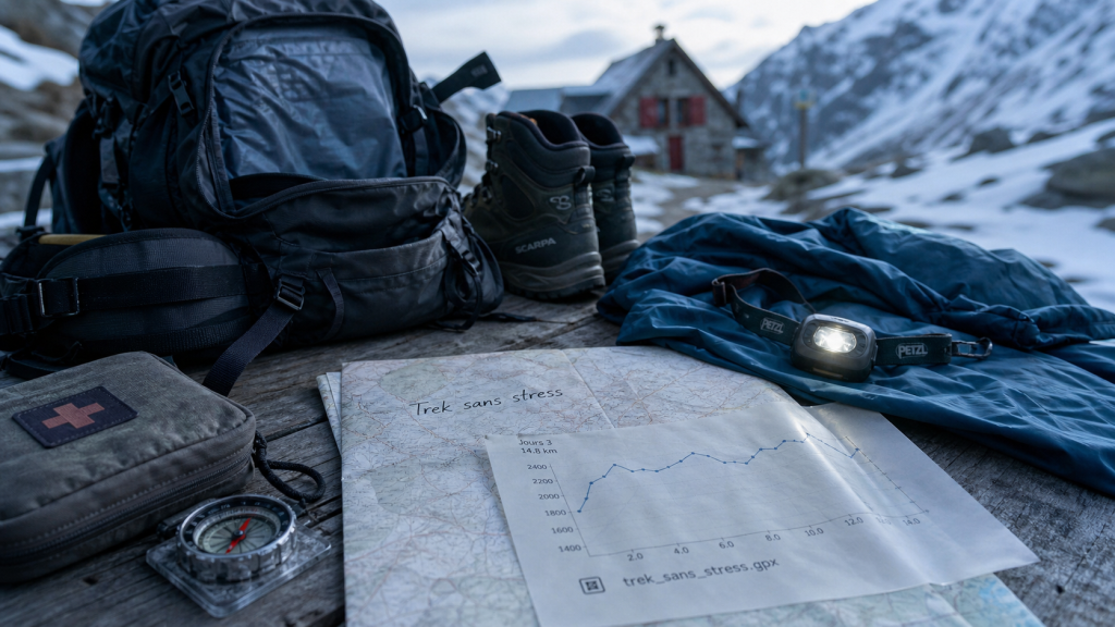 Préparer un trek en montagne : sac de randonnée ouvert, 8 kg maximum