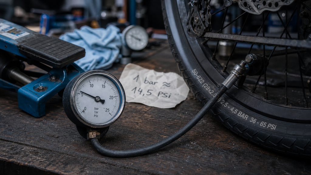 Pression pneu vélo électrique : manomètre et pompe à pied sur établi