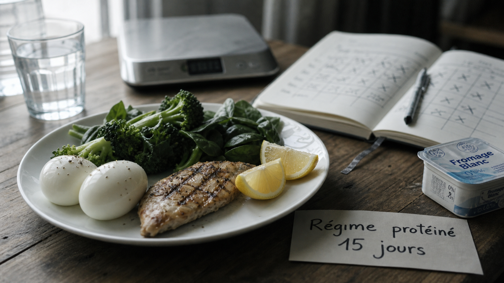regime proteine 15 jours : assiette protéines, poulet et œufs
