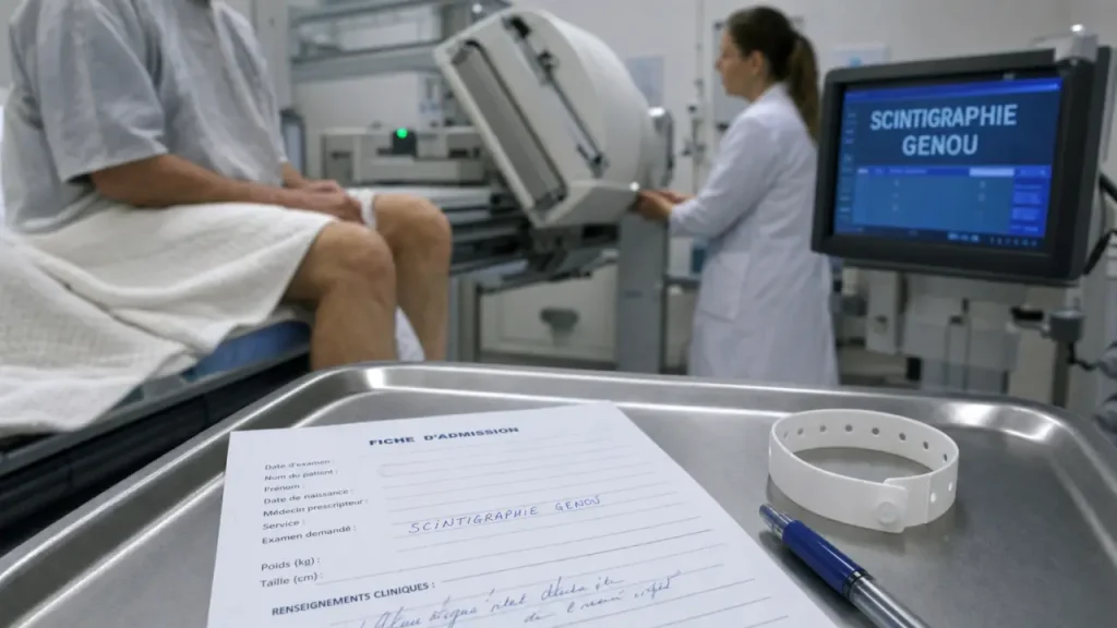 Scintigraphie genoux en médecine nucléaire : patient en salle d’examen