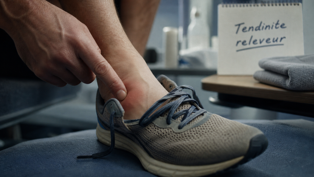 Tendinite releveur du pied : zone douloureuse sur le dessus du pied