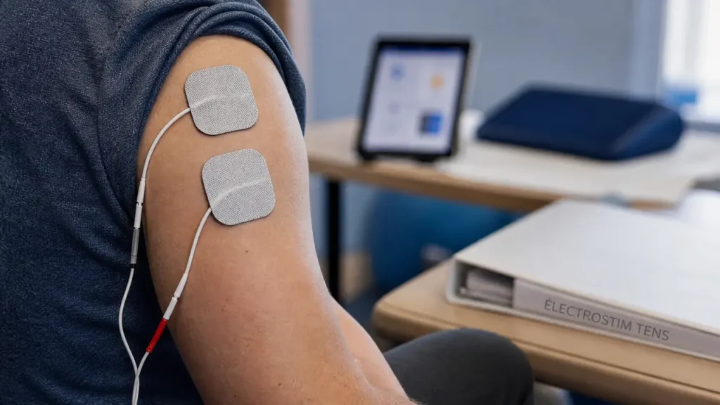 Électrostimulation tendinite épaule : électrodes TENS sur deltoïde