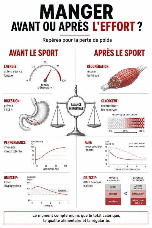 Perte de poids manger avant ou après le sport : comparaison visuelle des effets sur énergie, digestion, performance et récupération
