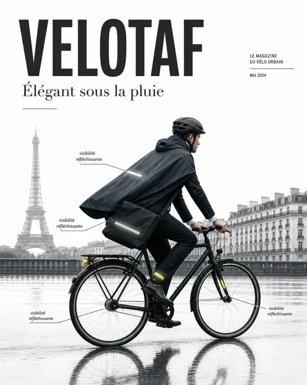 JE SUIS À VÉLO : cycliste urbain en tenue de travail sous la pluie avec accessoires velotaf
