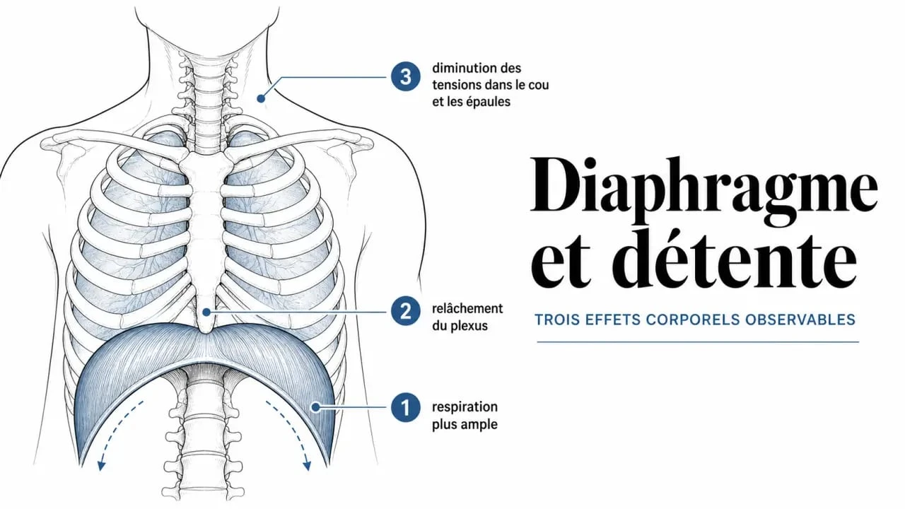 Massage diaphragme bienfaits : schéma des effets sur la respiration, le stress et les tensions