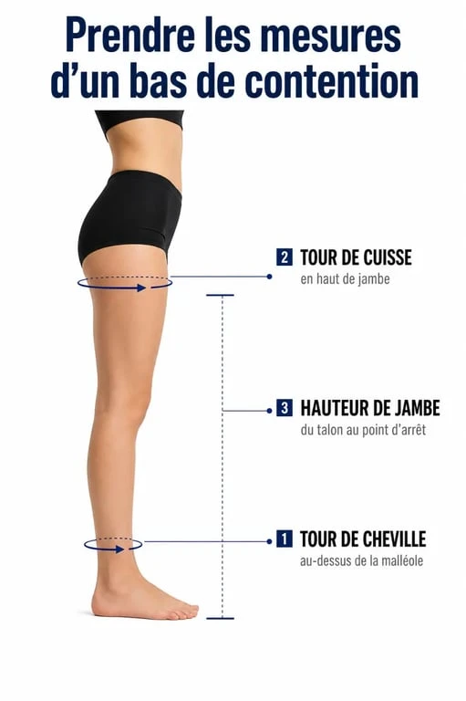 Taille bas de contention : schéma des mesures de cheville, cuisse et hauteur de jambe