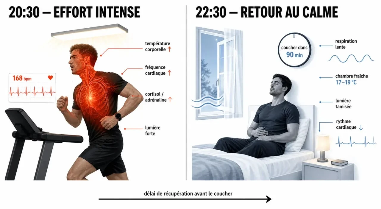 Insomnie après sport intensif : schéma du retour au calme, de la température corporelle élevée et des gestes à adopter avant de dormir