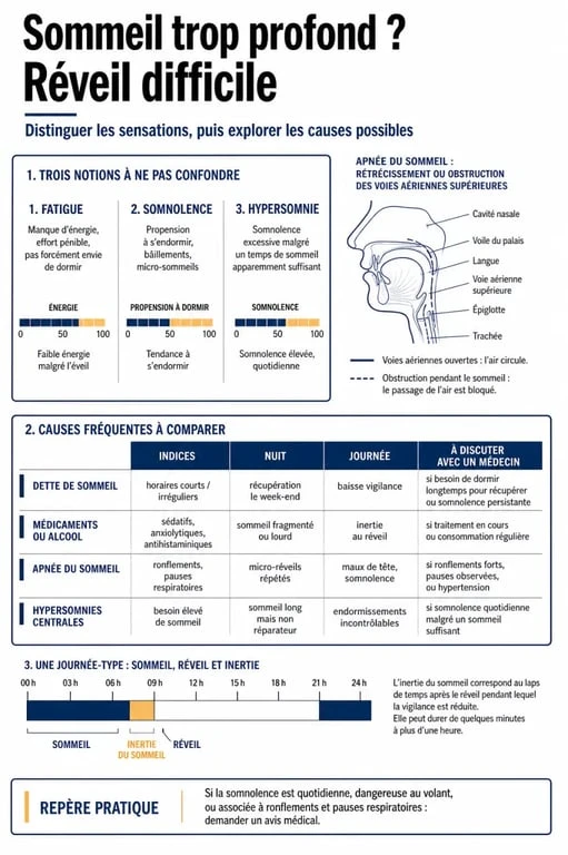 Sommeil trop profond réveil difficile : infographie comparant fatigue, somnolence, hypersomnie et apnée du sommeil