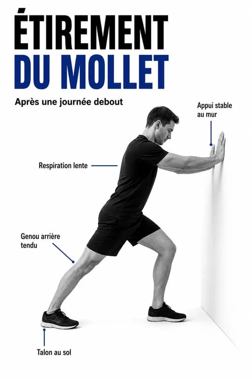Comment soulager les pieds après une journée debout avec un étirement du mollet contre un mur